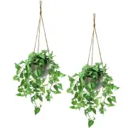 Fake Hanging Plants with Pots, 2 Pack Artificial Faux Anthurium Leaf Hanging ...