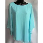 Chico's NWT Aqua Blue Flowy Chiffon Asymmetrical Drama Top Blouse Barbie Size S