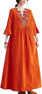 [HongYunoH] Women's Loose Cotton Linen Dress Fashion Retro Ethnic Style Flower Embroidery Vneck Cropped Sleeve Dress Orange XL
