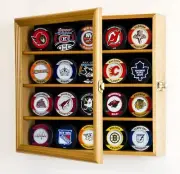 Hockey Puck Display Case 20 Pcs Oak Solid Wood Holder Wall Baseball Shadow Box