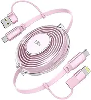 Opluz Retractable USB C Cable 100W Pink Multi USB C and Lightning Cable 2 in1 iPhone16 Charging Cord Pink Car Accessories Retractable Car Charger for iPhone Galaxy Mac,Supports CarPlay, Android Auto