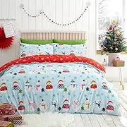 Fusion - Christmas Snowman Duvet Cover - Single Bedding Size (140 x 200cm) - Reversible (2 Designs) - 1x Pillowcase - Snowflake Duvet Cover in Duck Egg/Red - Snowman Christmas Bedding for Kids/Adults