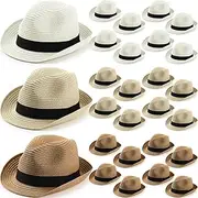 [Jeyiour] 24 Pcs Women Straw Fedora Hat Bulk Panama Hat Men Short Brim Packable Sun Trilby Hat Summer Hats Foldable Straw Beach Hat for Women Men Vacation, Khaki Beige and White, Khaki, Beige and White, One size