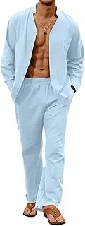 [HanzhuoLG] Men's Cotton Linen Tracksuit Set Solid Color Fashion Loose Stand Collar Long Sleeve Shirt & Pants Two Piece Set Small Sky Blue