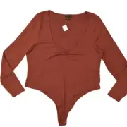 Banana Republic Orange Blouse 2XL NWT Rayon Women Bodysuit V Neck Long Sleeve