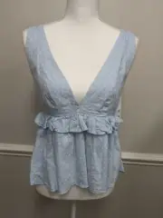 URBAN OUTFITTERS LIGHT BLUE DEEP V NECK SLEEVELESS LINEN BLEND TOP LARGE