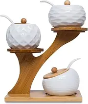 Ceramic Spice Jars, Set of 3, Sugar Bowl, Spice Jar Set with Bamboo Lid, Spoon and Tray Set, 170 ml (6.4 oz), Spice Container for Storage, Sugar, Salt, Spices, Spice Rack for Kitchen
