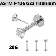 20G 5/16" TITANIUM PRONG SET 3mm PUSH CZ THREADLESS LABRET TRAGUS STUD RING