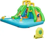 HONEY JOY Inflatable Water Slide, 6 in 1 Inflatable Castle Water Park w/Climbing Wall, Basketball Rim, Large Bounce House, Splash Pool, Water Cannon, Kids Water Slides for Backyard (with 680W Blower)
