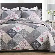 ENJOHOS King Size Quilt Bedding Set Grey Quilt Sets Bedspread Reversible Patchwork Floral Coverlet Set, Lightweight Country Quilts Bedding Set with 2 Pillow Shams