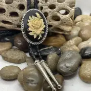 Black White Rose Wedding Cameo Pendant Bolo Lariat Tie Victorian dad jewelry