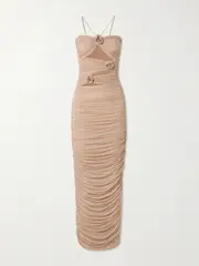 [Maygel Coronel] Maygel Coronel - Veranera Appliquéd Ruched Cutout Stretch-jersey Halterneck Maxi Dress - Beige - Extended Extended Neutrals