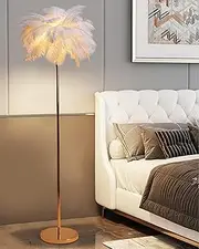 Feather Lamp，Natural Ostrich Feather Floor Lamp,Simple Modern Bedroom and Living Room Standing Lamp Golden Lamp Body，Dimmable with Switch (White)