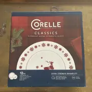 NEW Corelle RUDOLPH REINDEER 12-Piece Dinnerware Set Red Snowflakes White NIB