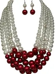 Five Layers White And Red Faux Pearl Gradual Necklace Earring Set