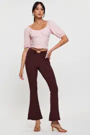 Brown Flare Pants High Rise Waist Tie - Size 14, Women's Hw Wide Leg Pant