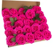 25pcs Artificial Flower Foam Rose Real Touch Roses Flower Heads with Hot Pink