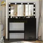 Black Dressing Table With Large Makeup Mirror + 11 LED Bulbs Vanity Desk Dresser