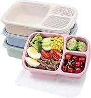 4 Pcs Bento Lunch Box Set 3 Compartment Wheat Straw Meal Prep Food Storage Containers Plastic, Microwave and Dishwasher Safe (3 Compartment)
