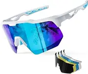 Fast Glasses, Polarised Cycling Glasses, Men and Women, Sports Glasses, 5 Interchangeable Lenses, 3D Adjustable Nose Support, 99% UV Protection, Lightweight TR90 Glasses for Cycling, White & Ice Blue