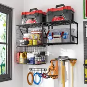 Wall Mounted Garage Shelf with Wire Baskets & Hooks – Heavy Duty Tool Organizer
