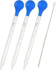 uxcell Graduated Dropper Pipettes Kit, 3 Pcs 10ml Borosilicate Glass Pipette with Blue Rubber Cap and Brush for Transfer Liquid for Lab, Chemistry, Clear