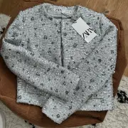 ZARA NEW SHORT ZW COLLECTION SEQUIN JACKET BLAZER SILVER Size M 2885/152