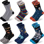 [Comfoex] Boys Kids Socks Novelty Funny Crew Socks Space Rocket Sport Stripe Cotton Calf Socks For Kids 4-10 Years Old 6 Pairs