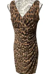 NEW LAUREN RALPH LAUREN Size 10 Ruched Faux Wrap Dress Brown Leopard Print