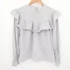 ANA Blouse White Gray Striped Ruffle Detail Long Sleeve Round Neck Cotton 0X