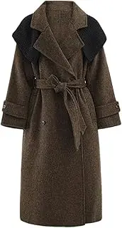 [Generic] Women's Woolen Coat Detachable Knitted Lapel Loose Double Breasted Sashes Blend Winter Overcoat