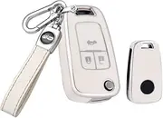 HIBEYO Key Fob Cover Compatible with Cruze Aveo Trax Sail Malibu Captiva Opel Vauxhall Astra J Corsa Insignia Mokka Key Case Holder Flip 3 Button with Leather Keychains-White