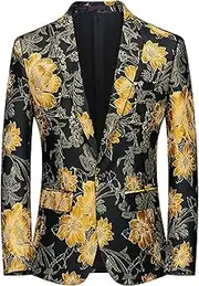[DGHM-JLMY] Mens Floral Tuxedo Jackets Notched Lapel Slim Fit Blazer Jacket Single Breasted Stylish Casual Printed Suit Jacket