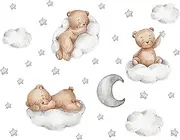 duoyif Modern Wall Sticker: Teddy Bear on Clouds with Stars & Moon, Grau, PVC, Indoor, Children's Room