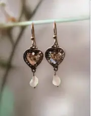 Antique Button Earrings, Clear Glass Heart Shaped With Quartz Drops