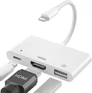 HDMI Adapter, Lightning to HDMI 3 in 1 USB Camera Adapter with 2k Digital AV HDMI Adapter + Charging Splitter, Support USB Flash Drive, MIDI Keyboard, Mouse, Ethernet Adapter