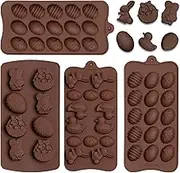 Whaline 4Pcs Easter Egg Silicone Molds - Rabbit Bunny Duck Mixed Shapes - Chocolate Cake Muffin Jelly Mold - Brown Color
