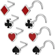 [BodyAce] Poker Nose Rings 20G Nostril Studs, Stainless Steel Nose Stud l Shaped Nostril Ring, Casino Corkscrew Nose Piercing Playing Cards Jewelry