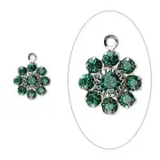 Charm, 2 Silver Plated Brass 10mm Flower with Emerald Green Swarovski Crystals *