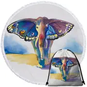 Colorful Artistic Elephant Meet Butterfly Round Beach Towel