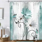 Rustic Farmhouse Shower Curtain, Teal Daisy Floral Butterfly, 70X70In, 12 Hooks
