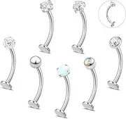 [YADOCA] 7PCS Floating Belly Button Ring for Women Hypoallergenic Surgical Stainless Steel Belly Rings Internally Threaded CZ Opal Long Bar Navel Barbell Flat Back Belly Piercing 12/14MM Silver Gold