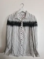 sandro PARIS Women's White Black Striped Collared Blouse Open Crochet Size 3 NWT