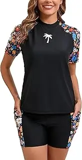 Halcurt Women's Two Piece Rash Guard Swim Shirts Built in Bra Swimsuit with Boyshorts with Pockets