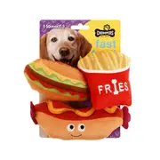3PK Pet Dog Toy Plush Fast Food Fries Hotdog Burger Squeaky Training Fetch Toys