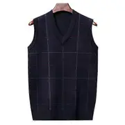 Men Fall Spring Sweater Vest Knitted Loose Pullover V Neck Plaid Print Elastic Soft Warm Mid-aged Father Grandfather Sweater Vest blue XL