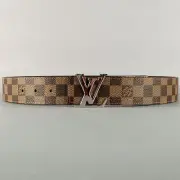 LOUIS VUITTON Size 38 LV Initiales Brown Beige Checkered Coated Canvas Belt