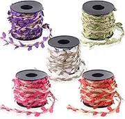 Swpeet 5 Roll 5 Colors Burlap Leaf Ribbon Set, 5mm 33 Feet Natural Jute Twine with Artificial Vine Leaves Ribbon for Wedding Home Garden Jungle Party Decorations(White, Green, Purple, Red, Rose red)