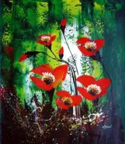 24x20 Blooming Poppies in Green Field Oil Painting Impressionism Flower