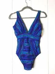 NWT Miraclesuit MULTI Veranda No Static Odyssey One Piece Swimsuit, US 10 Blue
